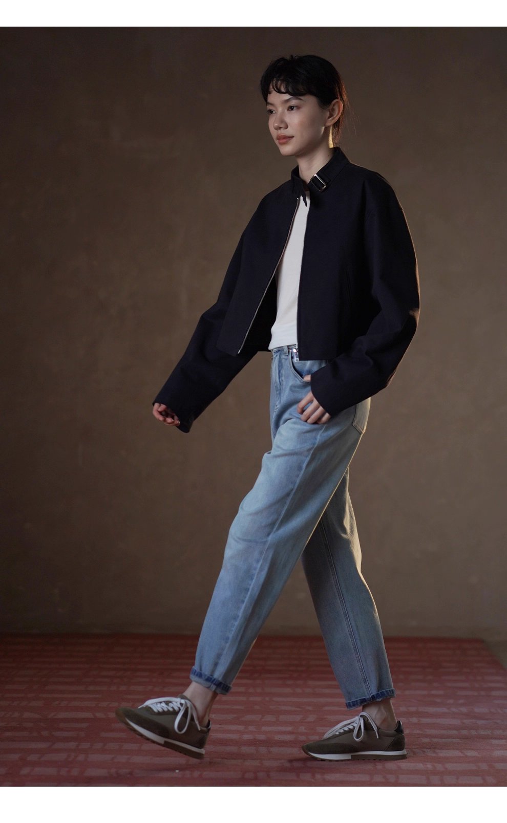 簡約騎士夾克立領日字袢小個子短款寬鬆落肩顯瘦外套女