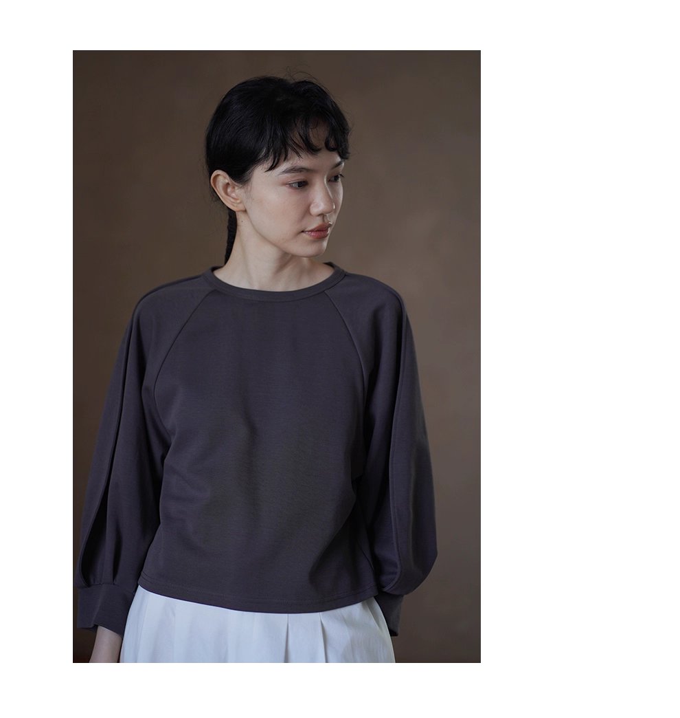 顯瘦遮肉輪廓立體燈籠剪裁插肩袖圓領上衣寬鬆休閒T恤女