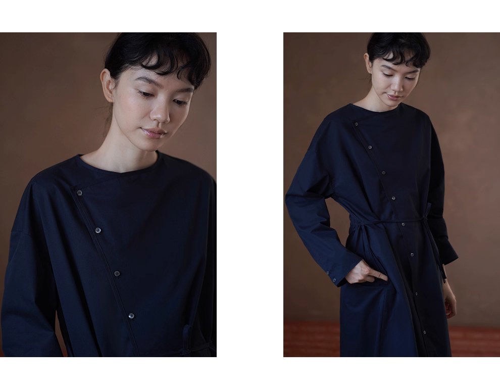 不對稱美學斜門襟洋裝挺括100%棉長遮肉顯瘦裙女