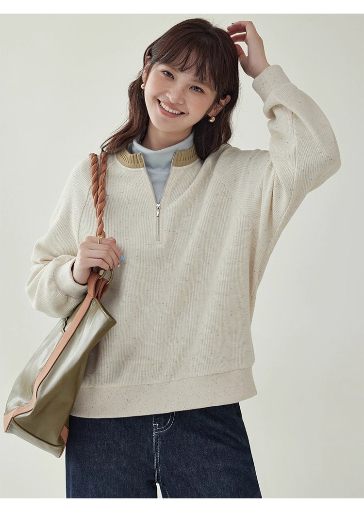 撞色彩點半開拉鍊衛衣T恤女秋季新款插肩袖上衣