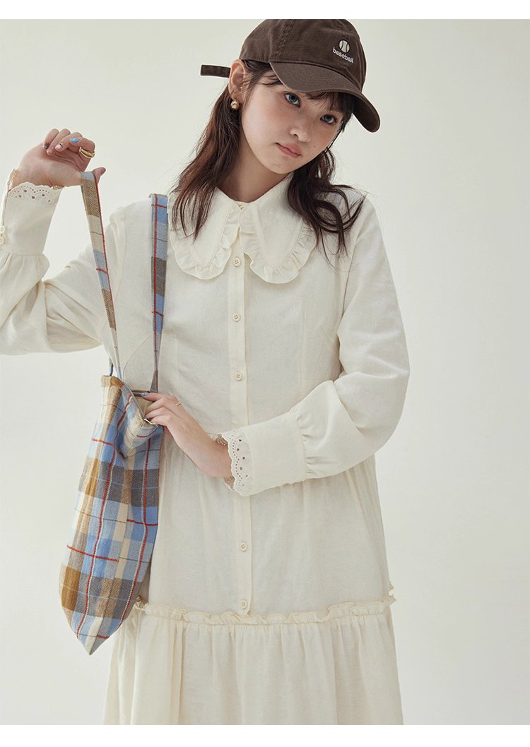 減齡純色花邊翻領洋裝女秋季新款中長娃娃裙