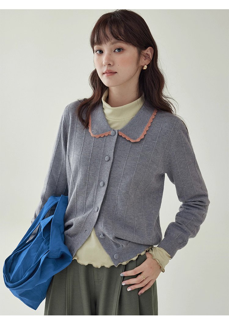 韓系撞色翻領針織開襟衫女秋季新款單排扣長袖上衣