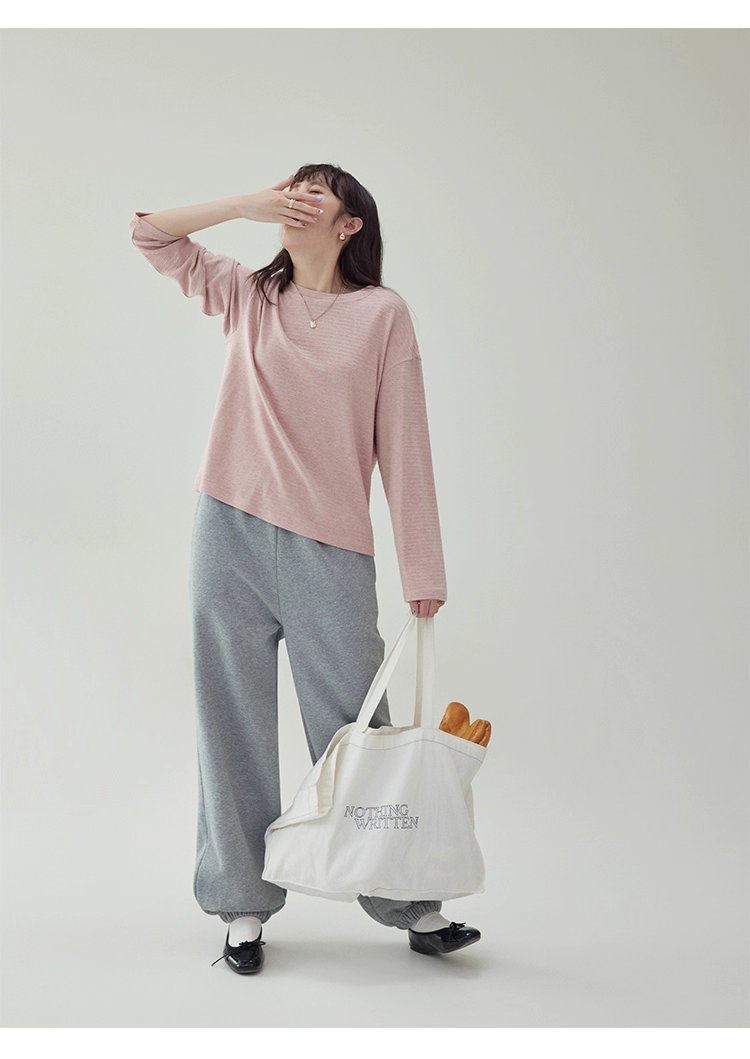 韓系藍線圓領長袖T恤女秋季新款簡約寬鬆上衣