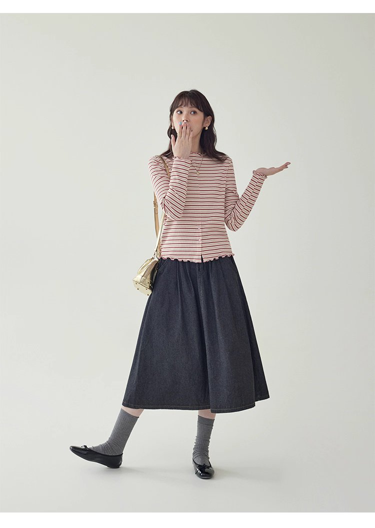 下擺扣條紋兩穿內搭T恤女秋新款花邊長袖上衣