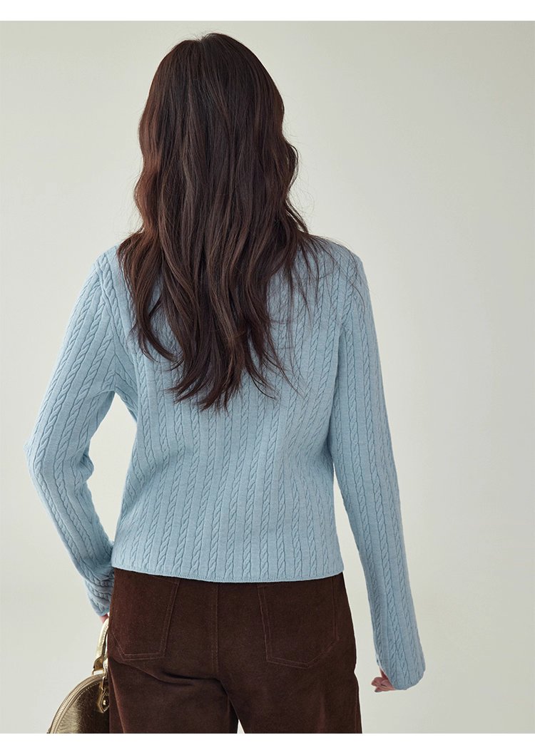 藍色綁帶圓領扭花針織衫女秋季新款百搭長袖上衣