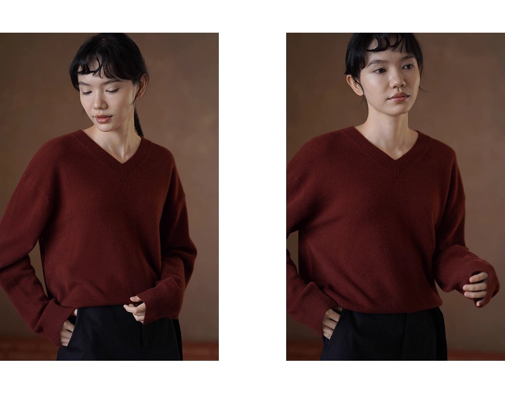 復古勃更第紅顯白柔軟山羊絨羊毛混紡顯瘦V領寬鬆毛衣女