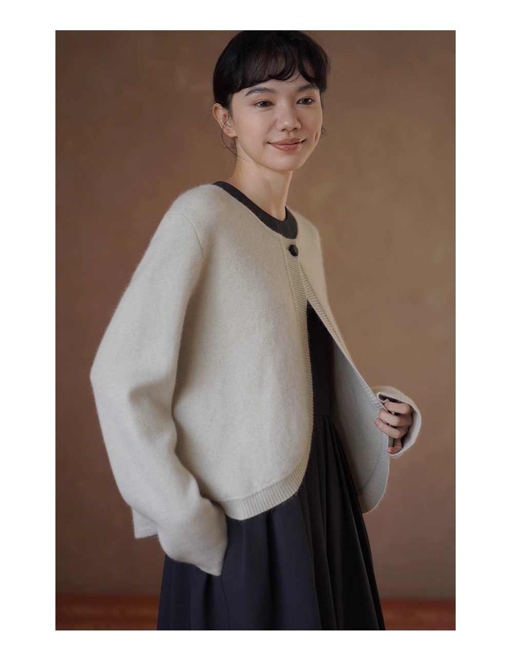 溫柔濾鏡氛圍感軟糯兔毛羊毛外套弧形門襟寬鬆毛衣開襟衫