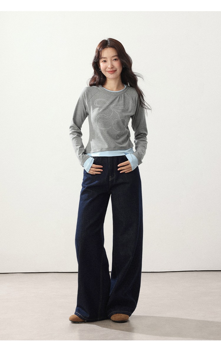 高腰直筒牛仔褲胖mm顯瘦深藍色寬褲