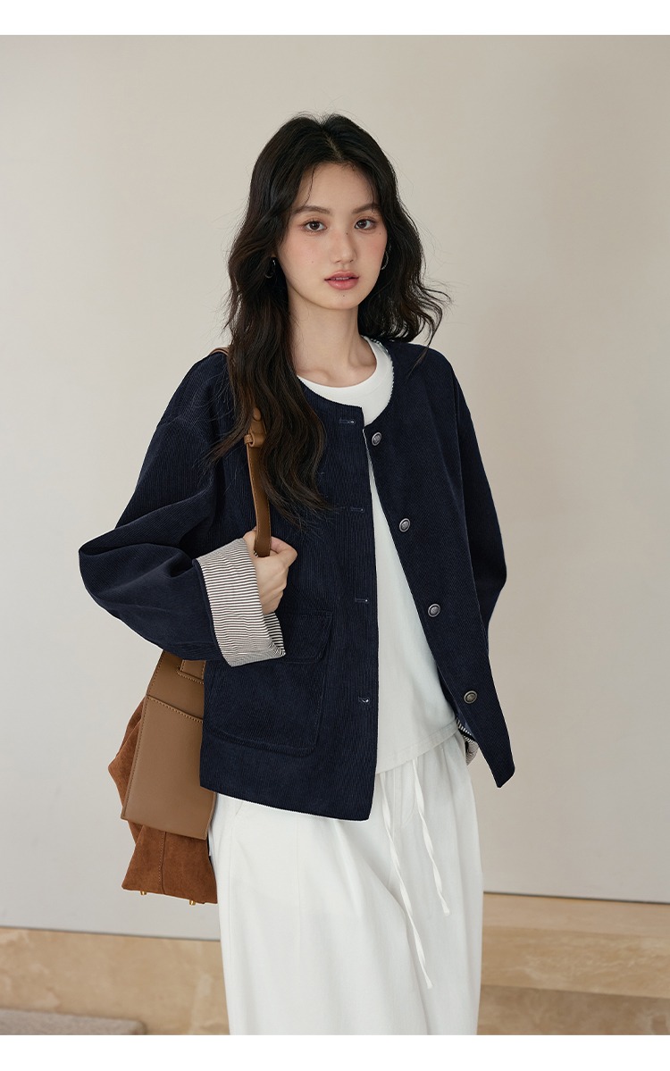 胖mm大尺碼燈芯絨外套韓系穿搭深藍色開衫外套