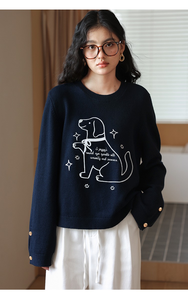 大尺碼小狗刺繡毛衣慵懶針織衫秋冬寬鬆上衣
