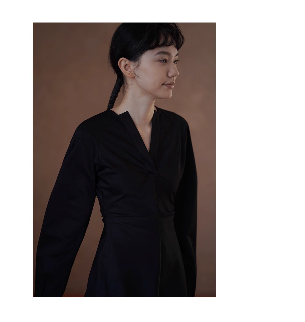 極簡廓形收腰剪裁寬鬆羊腿袖通勤短款顯瘦小個子洋裝