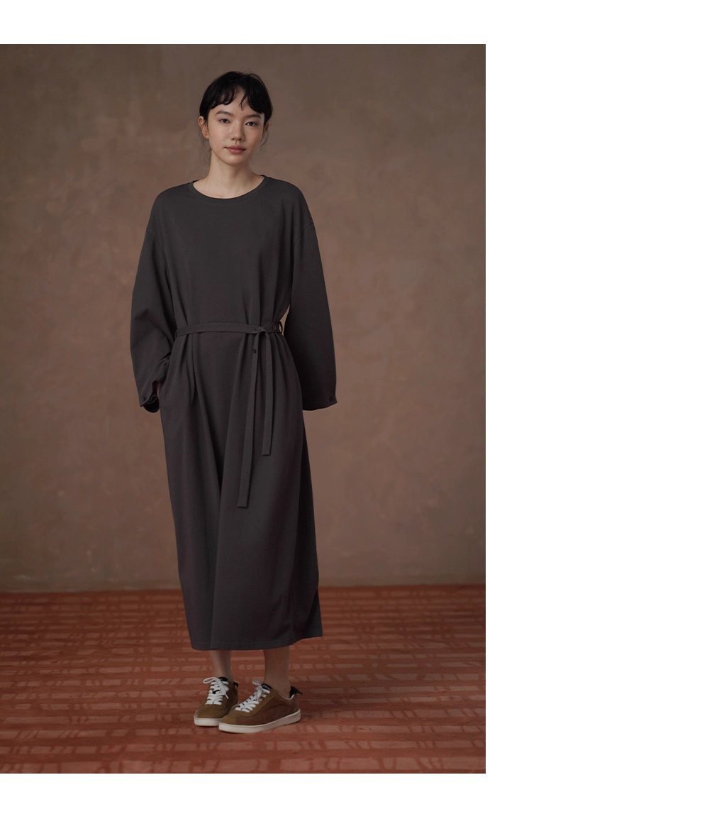 綿柔禪意100棉寬鬆直筒圓領可調式腰帶顯瘦藏肉通勤裙子