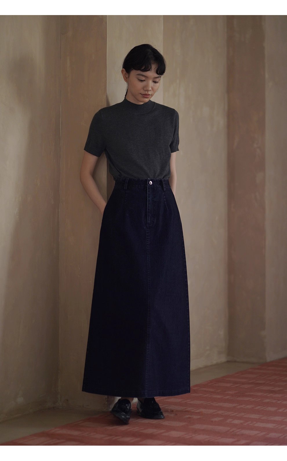 復古時髦做舊磨毛牛仔長款半身裙高腰微A寬鬆顯瘦裙子