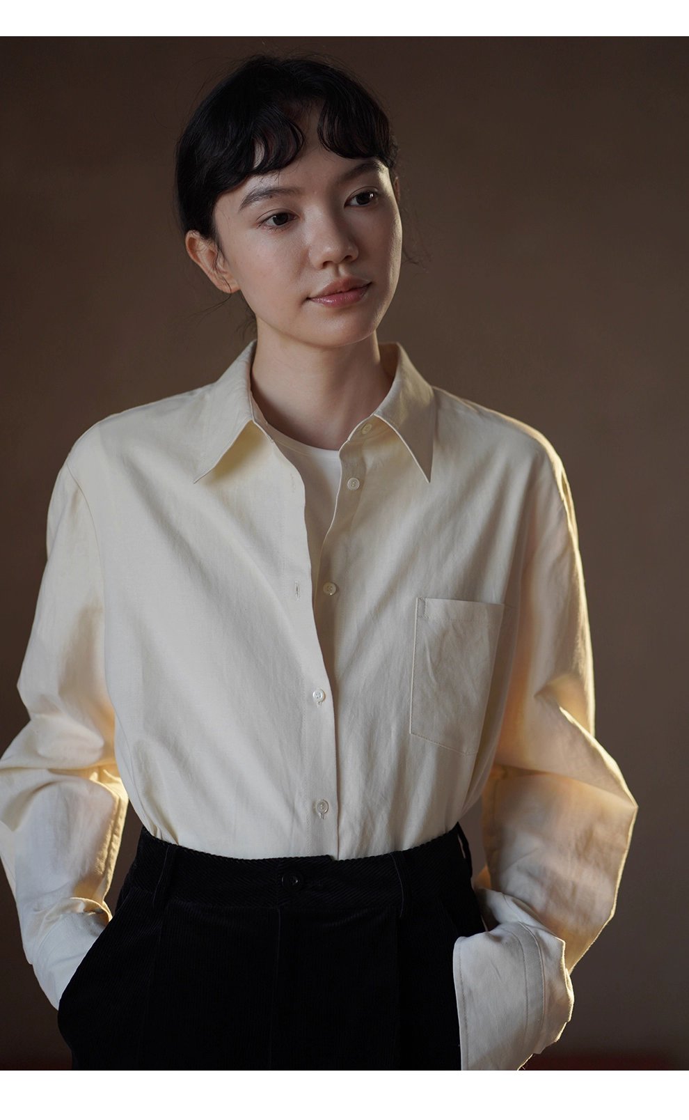 清香檸檬舒適棉麻混紡長袖疊穿寬鬆襯衫顯瘦通勤上衣女