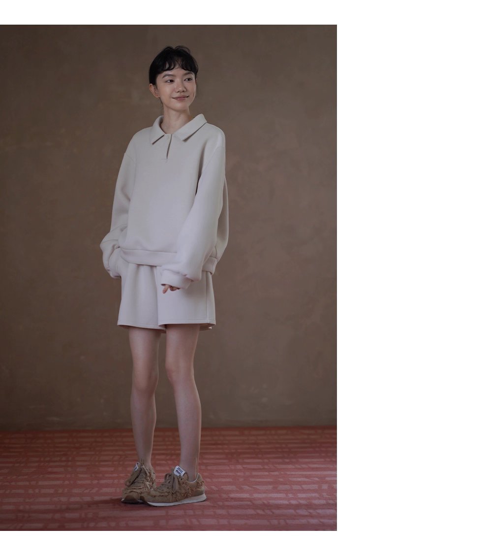 綿軟暖糯衛衣套裝寬鬆落肩Polo領顯瘦上衣鬆緊高腰短褲