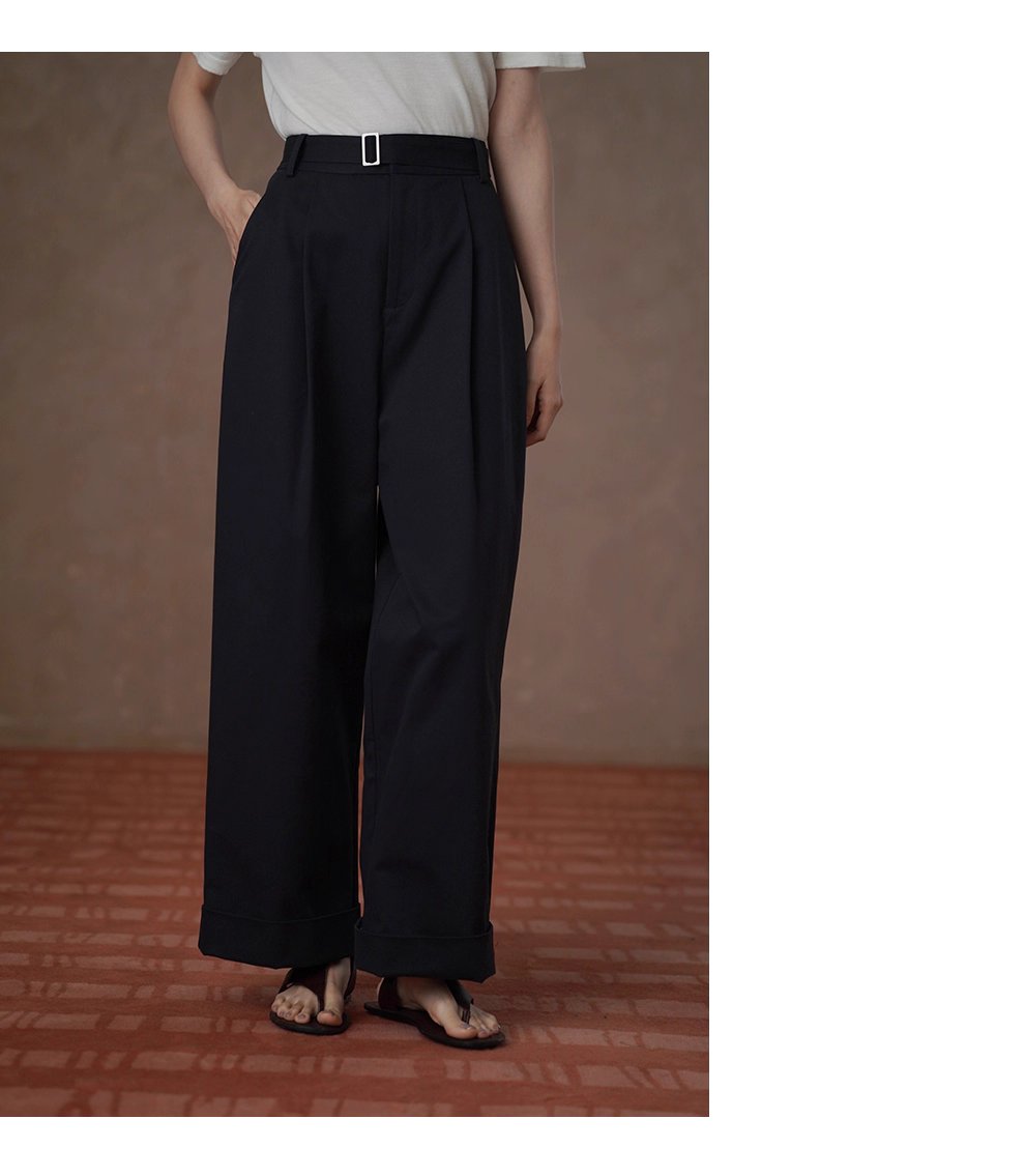 無可挑剔挺括棉感可調式腰帶直筒寬鬆闊腿顯瘦高腰長褲