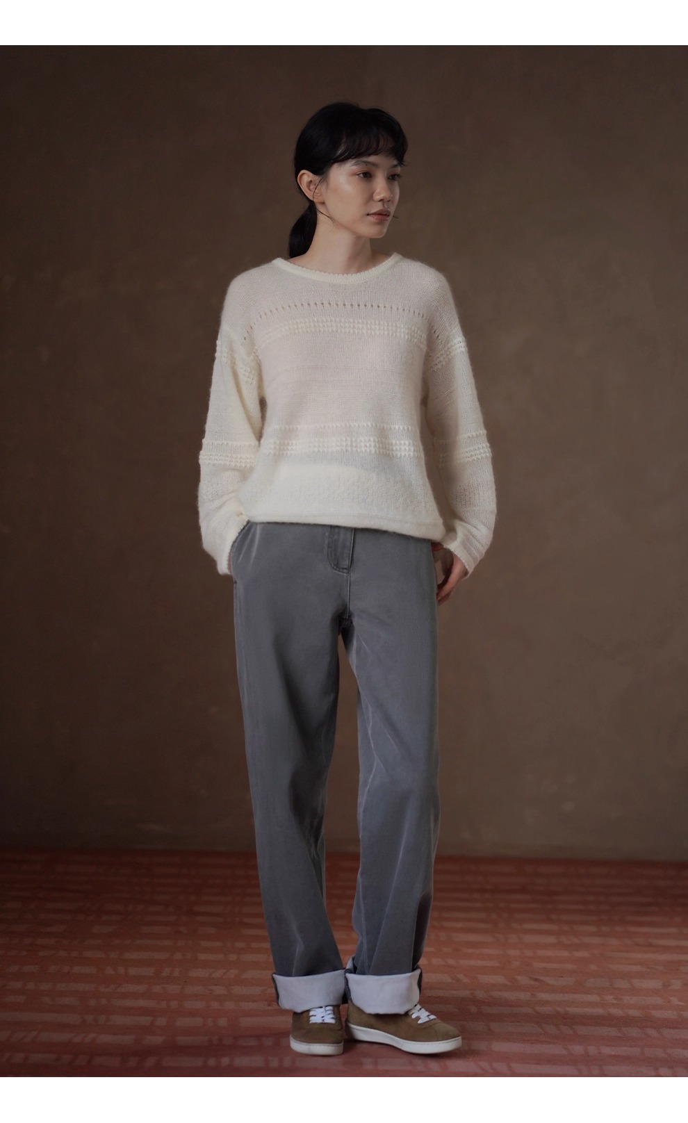 浪漫詩篇唯美重工鉤花馬海毛綿羊毛混紡圓領寬鬆毛衣女