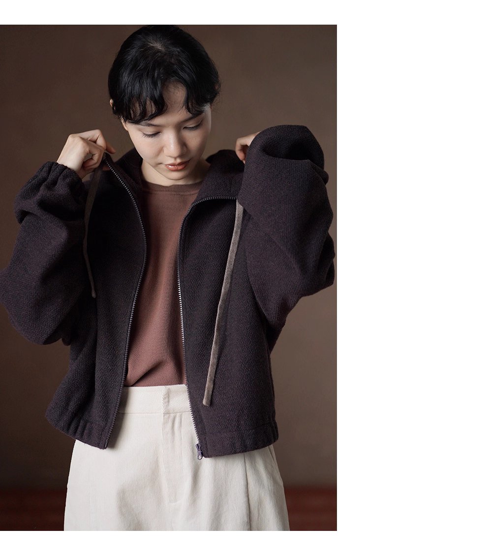 榛果咖濃鬱質感加厚綿羊毛混紡寬鬆短連帽衛衣外套女