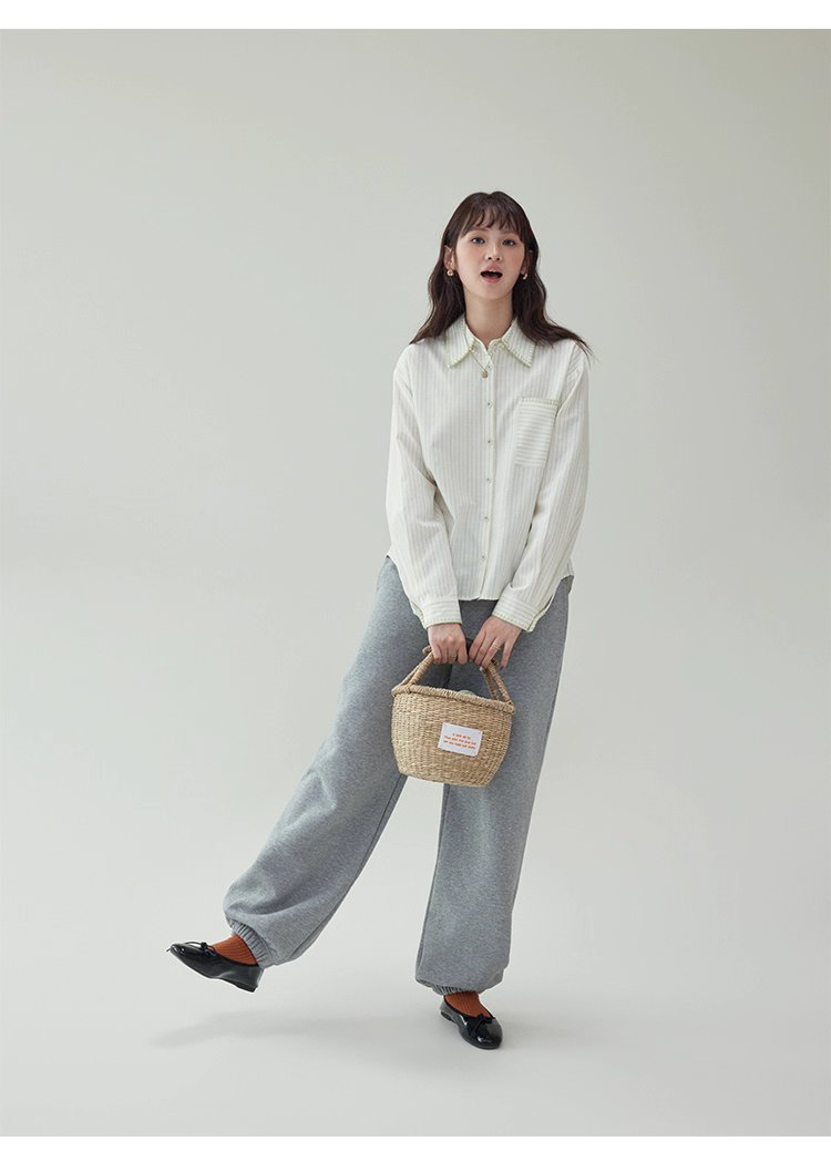 反線條單排扣長袖襯衫女秋季新款polo領寬鬆上衣