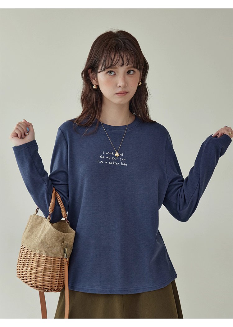 日系刺繡圓領雙面絨長袖T恤女秋季新款百搭上衣