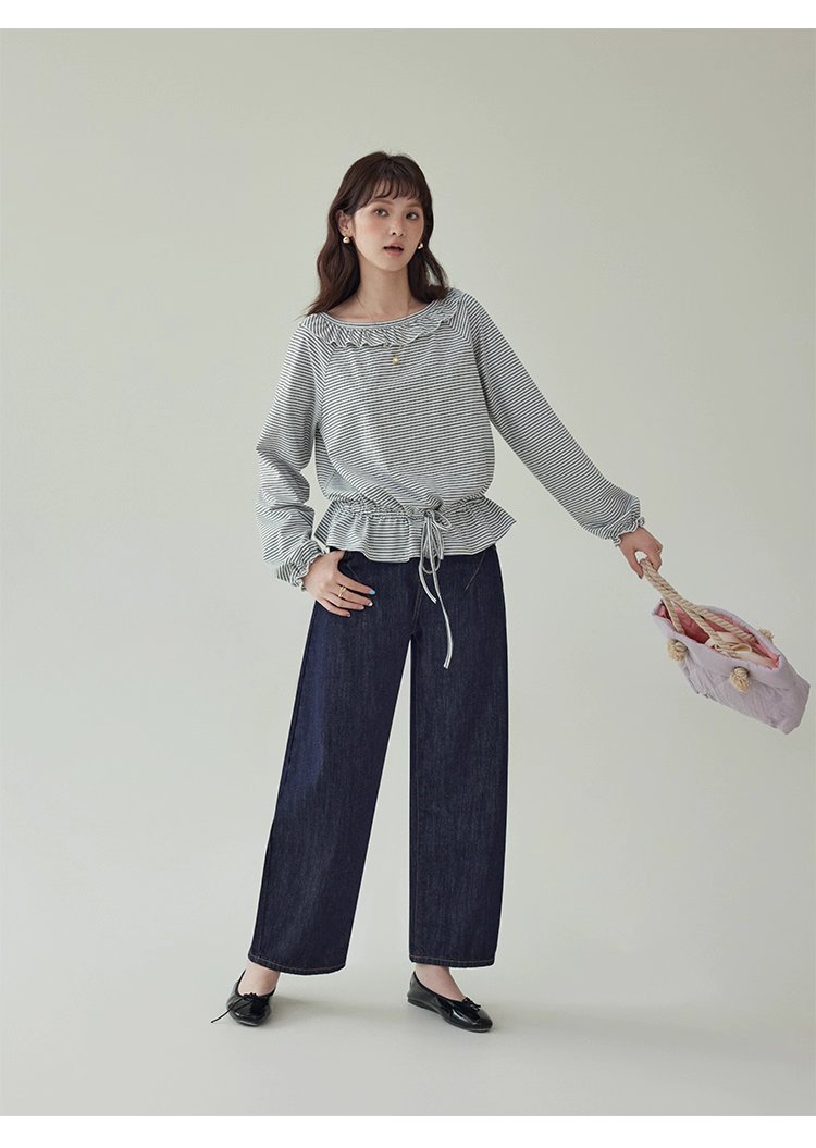 小眾抽繩下擺條紋花邊T恤女秋新款寬鬆長袖上衣