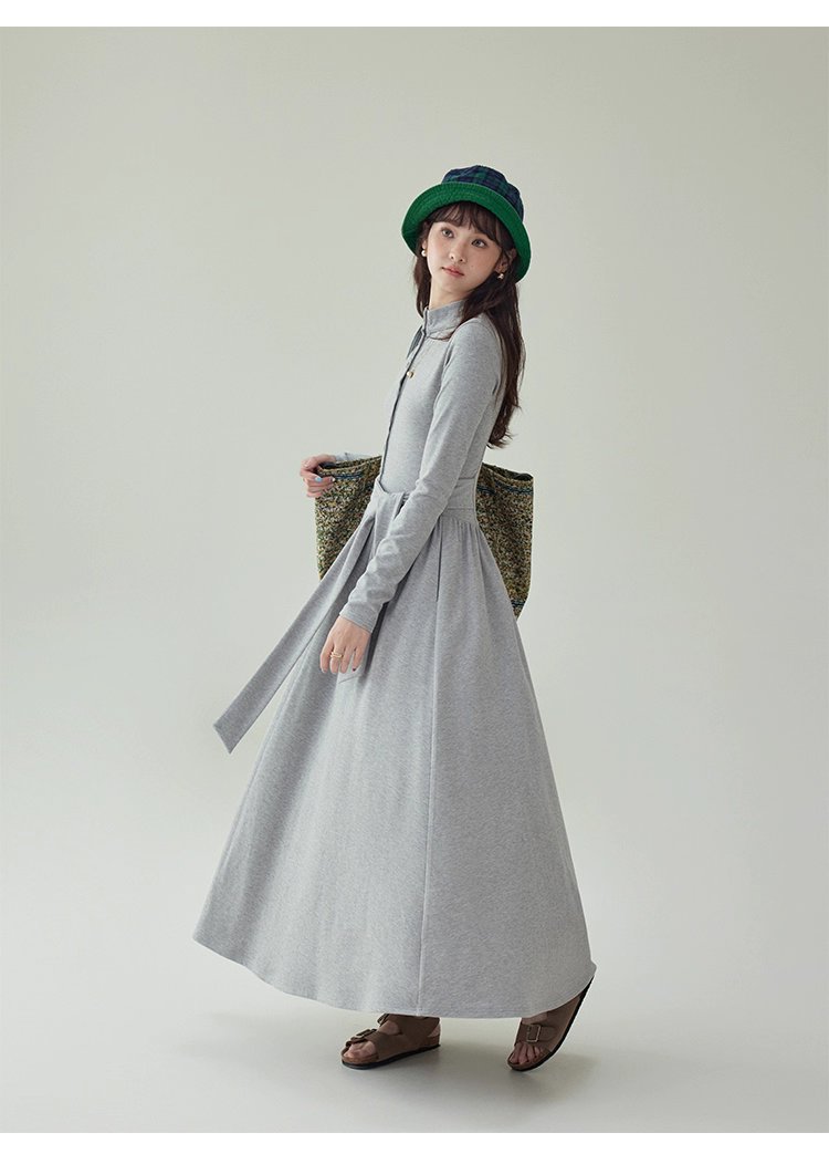 灰色修身高腰綁帶洋裝女秋新款長袖收腰T恤裙