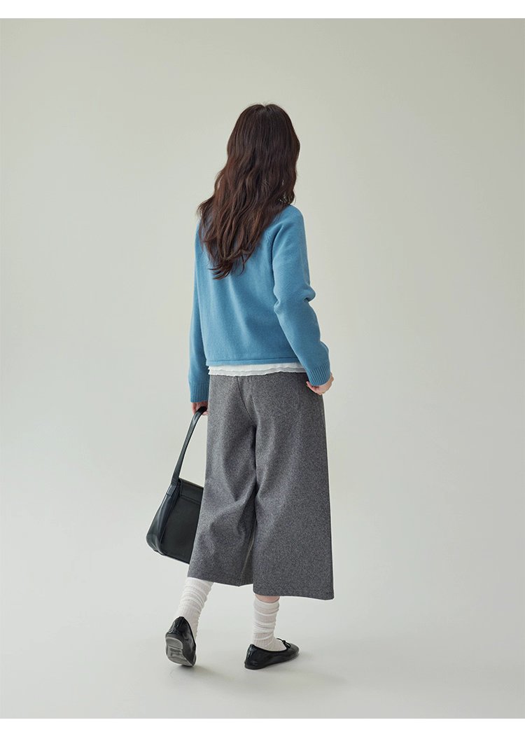 拼接蕾絲下擺藍色針織衫女秋季新款紐帶長袖上衣