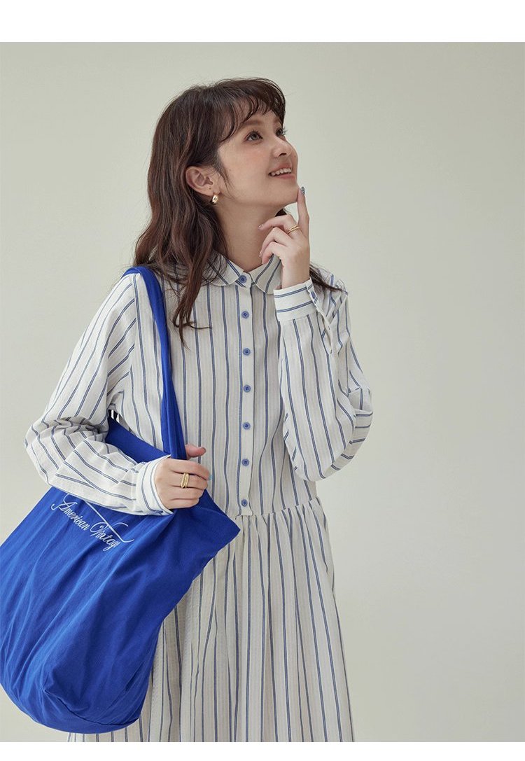 藍條紋娃娃領純棉洋裝女秋新款寬鬆長袖襯衫裙,藍條紋娃娃領純棉洋裝女秋新款寬鬆長袖襯衫裙,HBEW7043,藍條紋娃娃領純棉洋裝女秋新款寬鬆長袖襯衫裙,襯衫洋裝,全棉面料