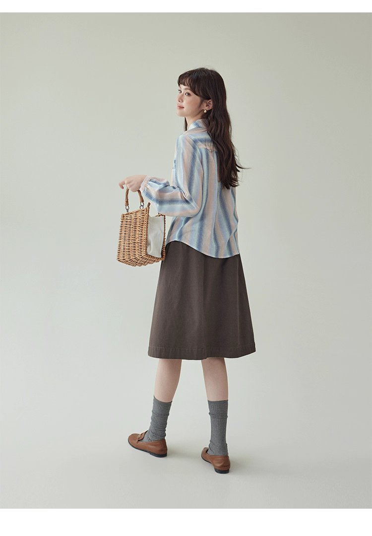 少女感鏤空拼接條紋襯衫女秋季新款純棉長袖上衣