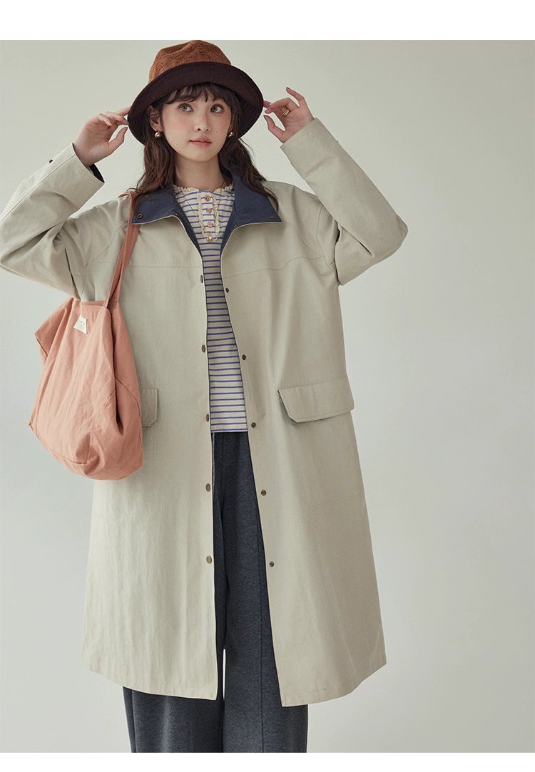 日系純色立領長風衣外套女秋新款寬鬆長袖上衣