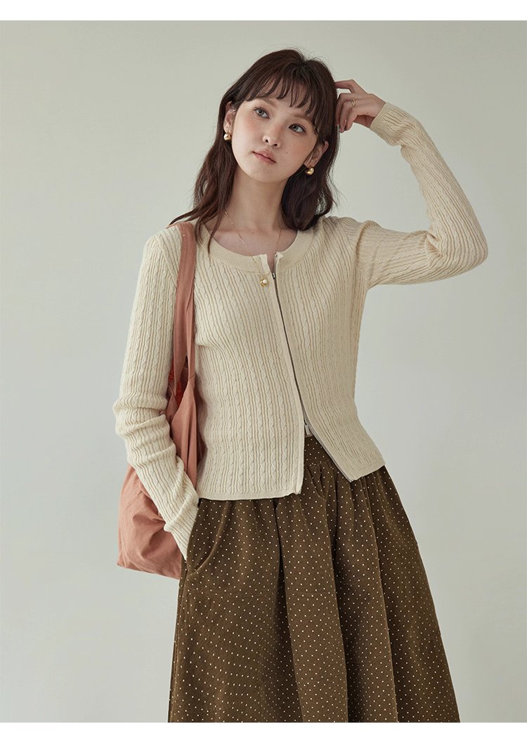 純色麻花雙頭拉鍊針織衫女秋季新款修身純棉上衣