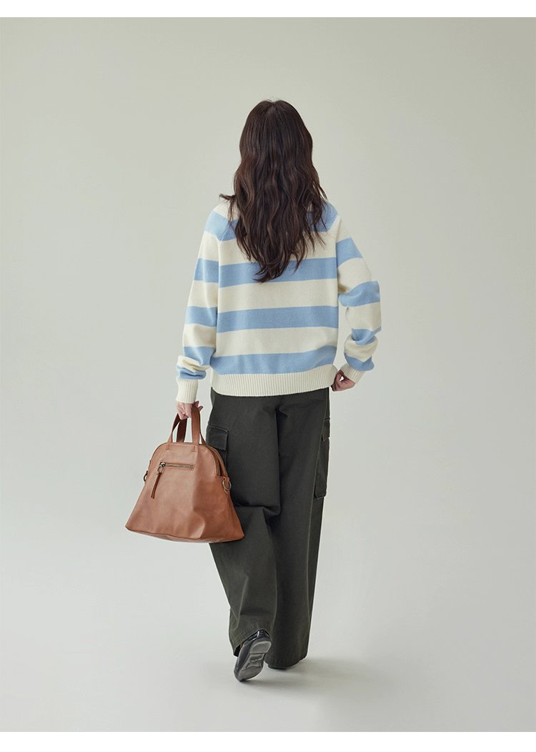韓國拼色條紋插肩袖毛衣女秋款新款休閒寬鬆上衣