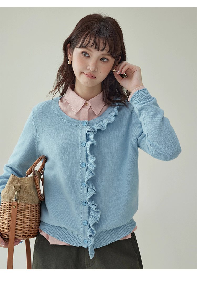 設計感木耳邊連結針織衫女秋季新款純棉長袖上衣,設計感木耳邊連結針織衫女秋季新款純棉長袖上衣,HBEW1096,設計感木耳邊連結針織衫女秋季新款純棉長袖上衣,圓領排扣,全棉面料