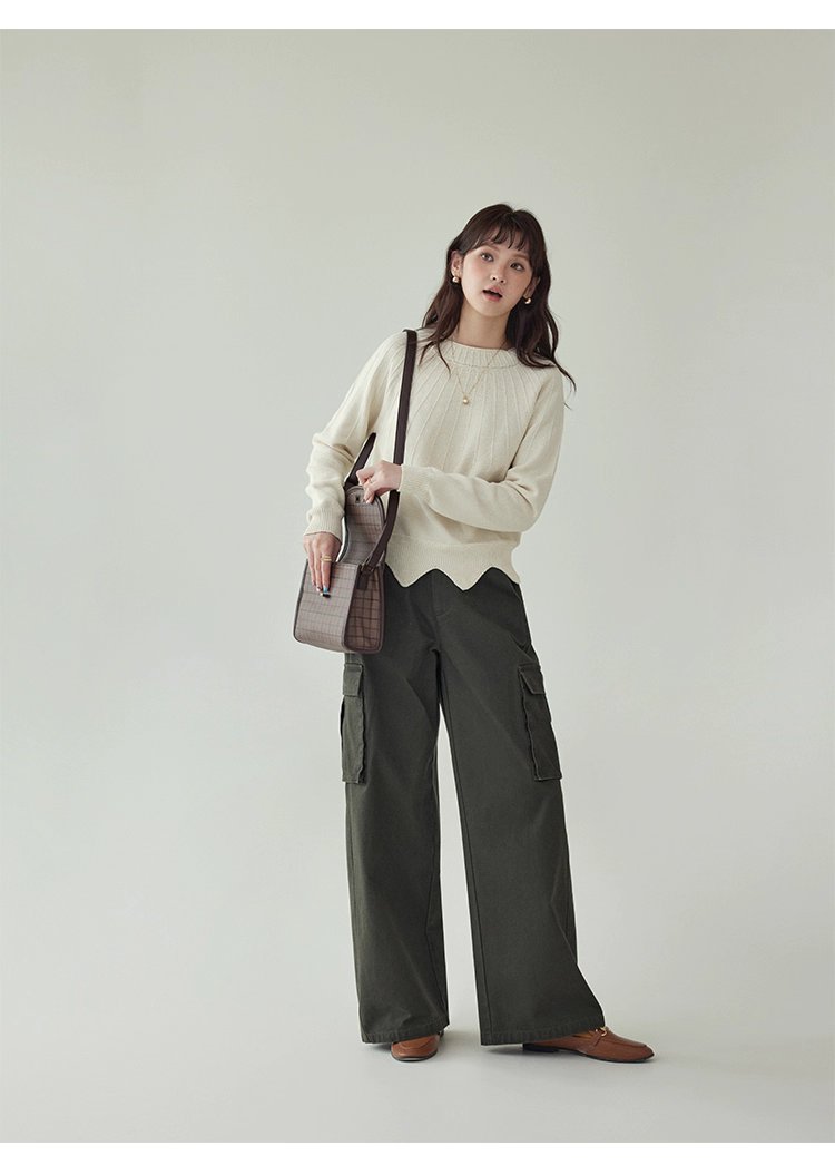 設計感波浪下擺純棉針織衫女秋冬季新款長袖上衣