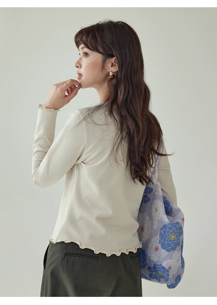 小眾花邊圓領長袖打底T恤女秋新款寬鬆純色上衣