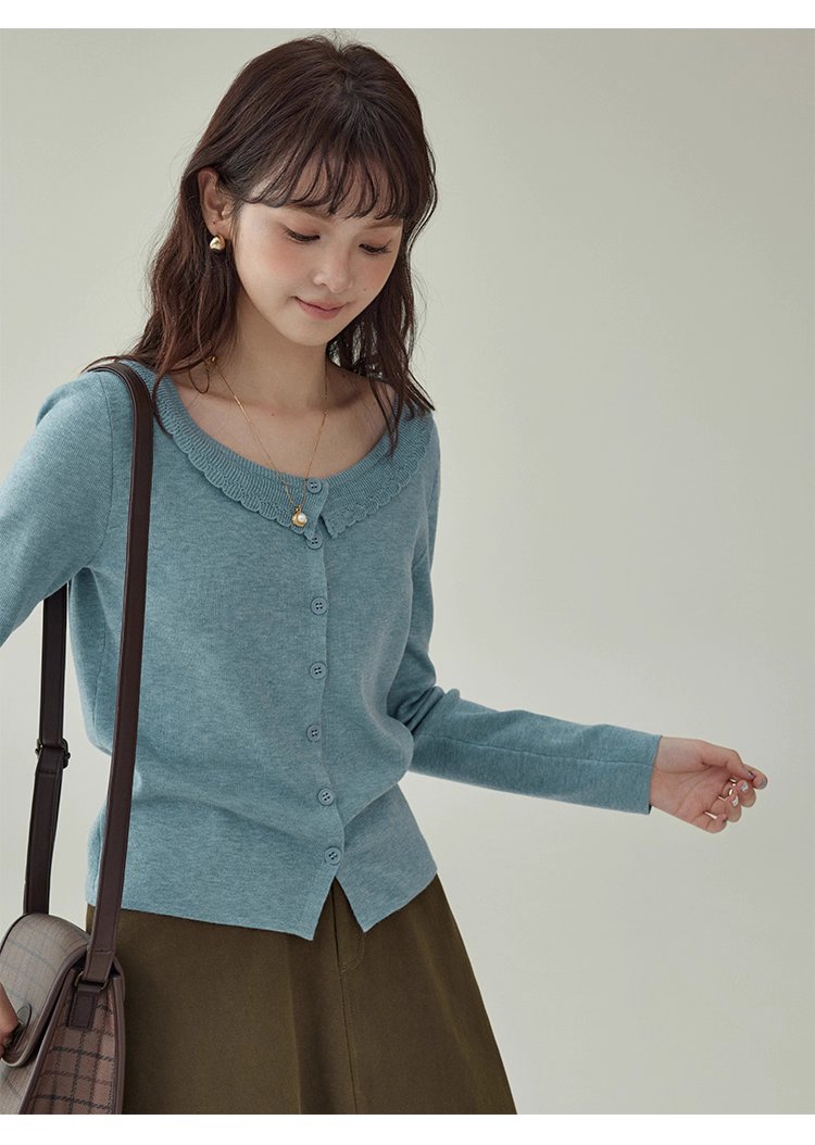 藍色圓領針織衫女秋季絕美短款修身長袖開襟衫上衣