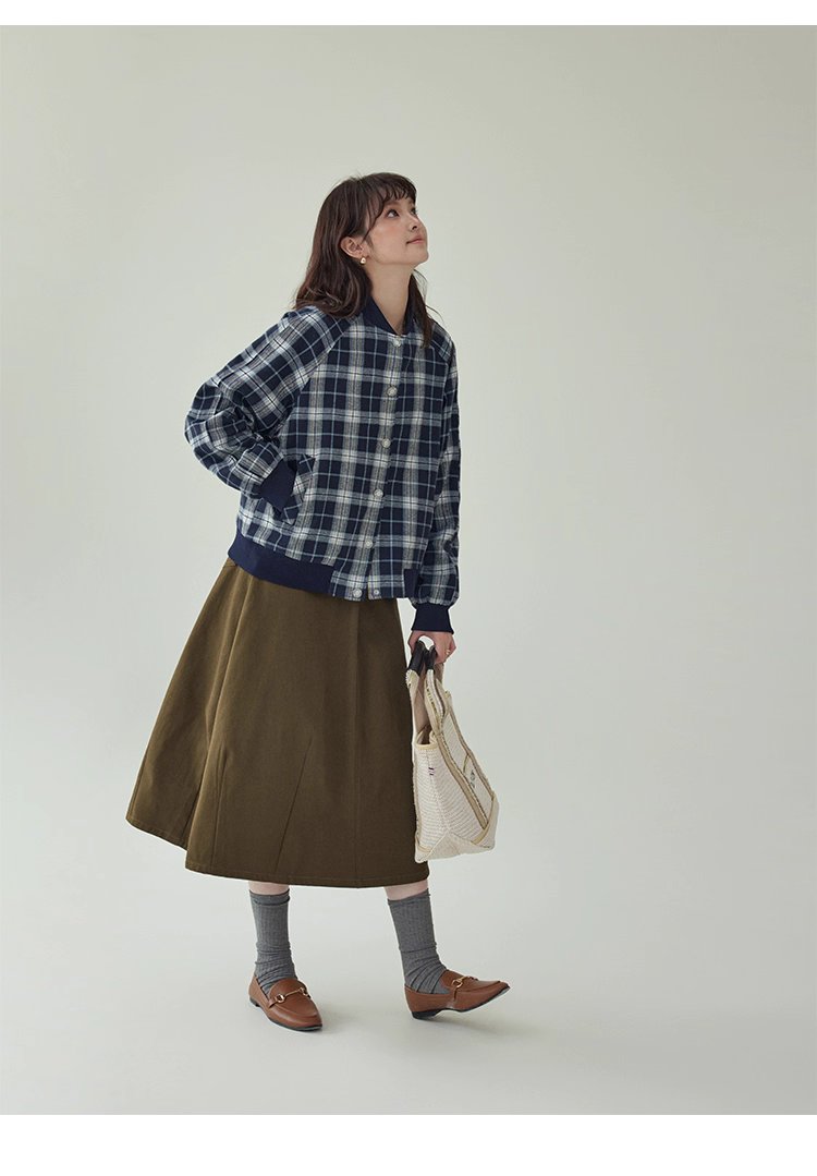 撞色格紋插肩袖摁扣外套女秋季新款長袖外套上衣