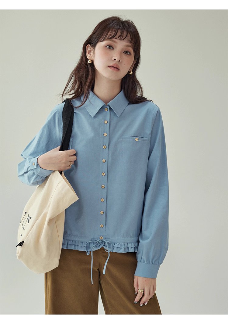 藍色花邊下擺抽繩襯衫女秋季新款單排扣長袖上衣,藍色花邊下擺抽繩襯衫女秋季新款單排扣長袖上衣,HBEW1103,藍色花邊下擺抽繩襯衫女秋季新款單排扣長袖上衣,翻領排扣,天絲混棉