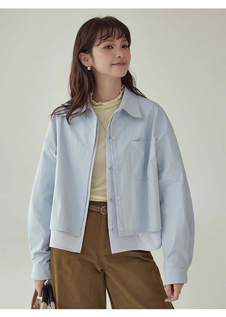 藍色假兩件外套襯衫女秋季超好看單排扣長袖上衣,藍色假兩件外套襯衫女秋季超好看單排扣長袖上衣,HBEW5073,藍色假兩件外套襯衫女秋季超好看單排扣長袖上衣,假兩件式,造型加分