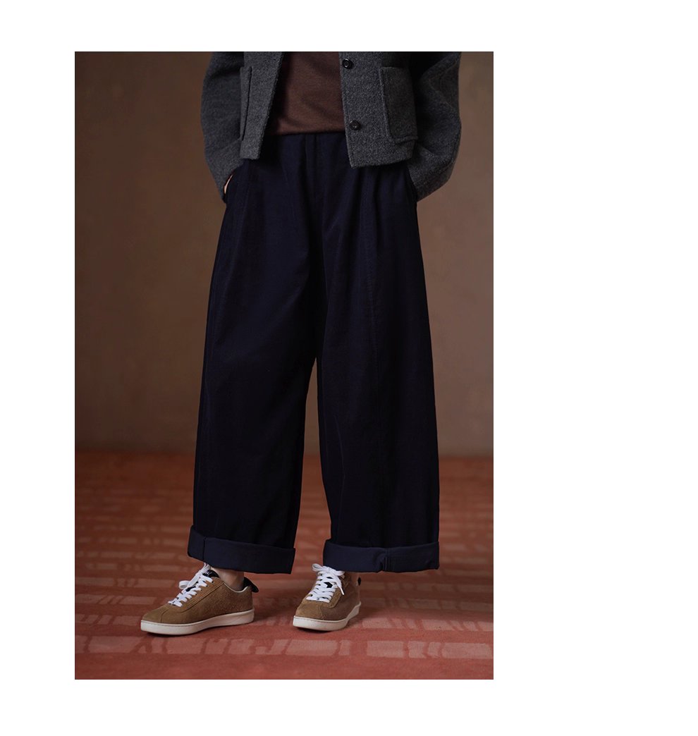 復古柔光細條100棉燈芯絨顯瘦高腰可調式腳口寬鬆長褲女