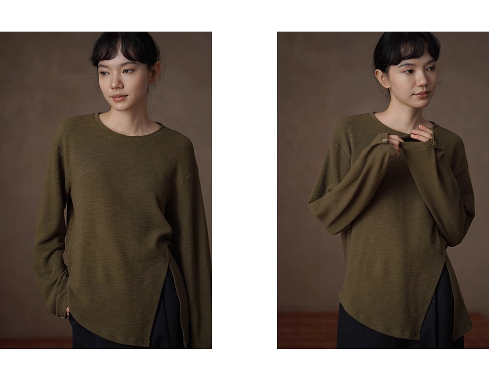 飄蕩蘆葦寬鬆上衣落肩顯瘦肌理圓領下擺開叉長袖內搭T恤