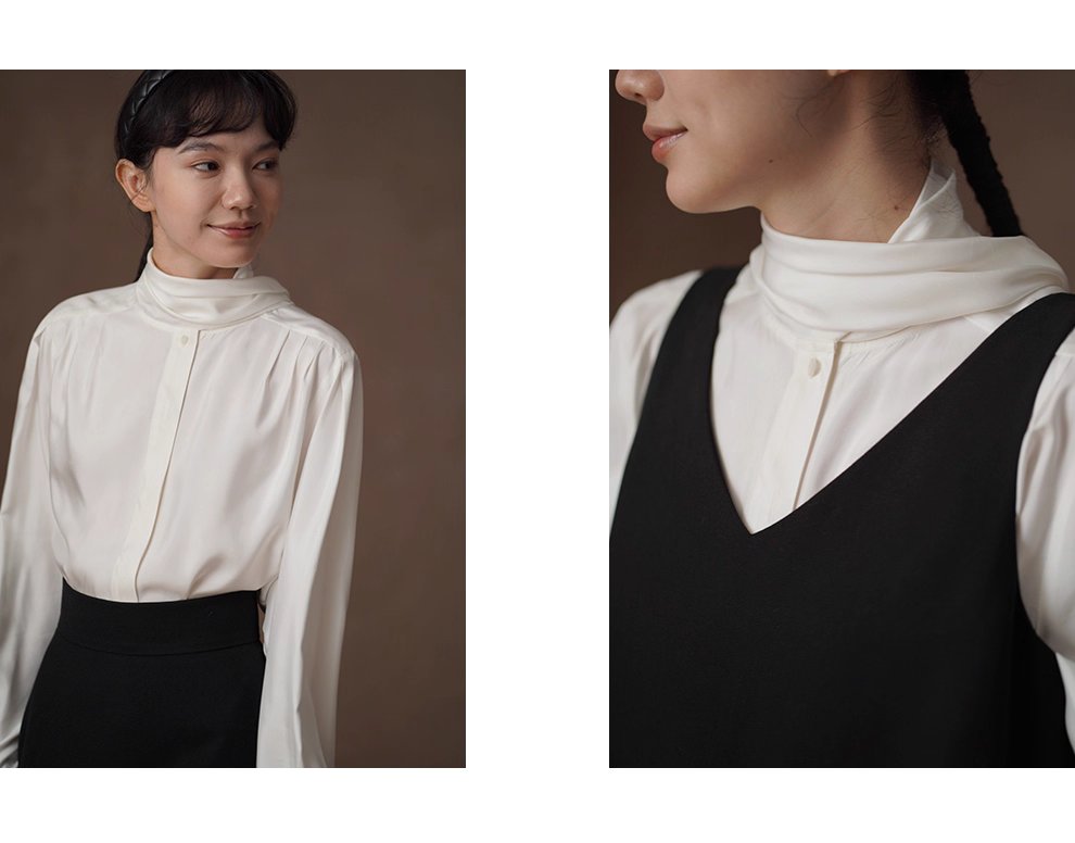 柔光緞面氣質絲滑垂軟襯衫溫柔飄帶設計寬鬆通勤上衣女