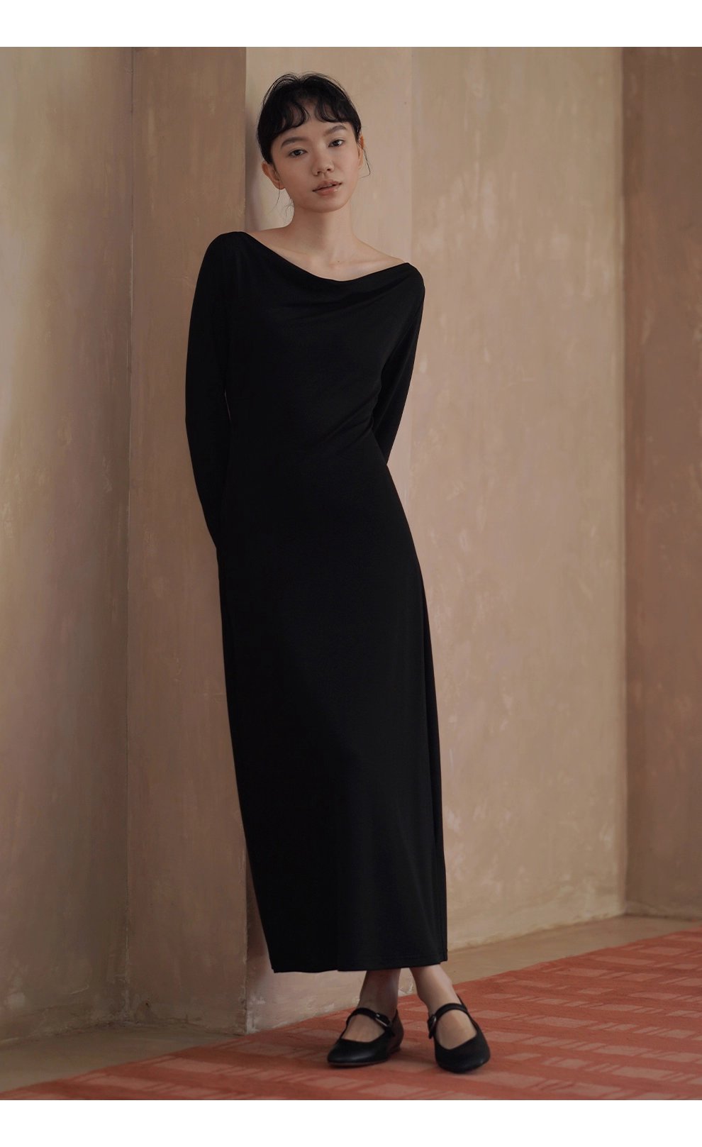 進階優雅巨顯瘦氣質蕩領彈性合身洋裝通勤長裙女