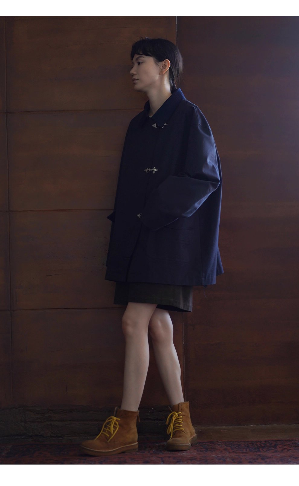 走讀生復古外套小眾飛機扣設計中長款拼接麂皮領口風衣