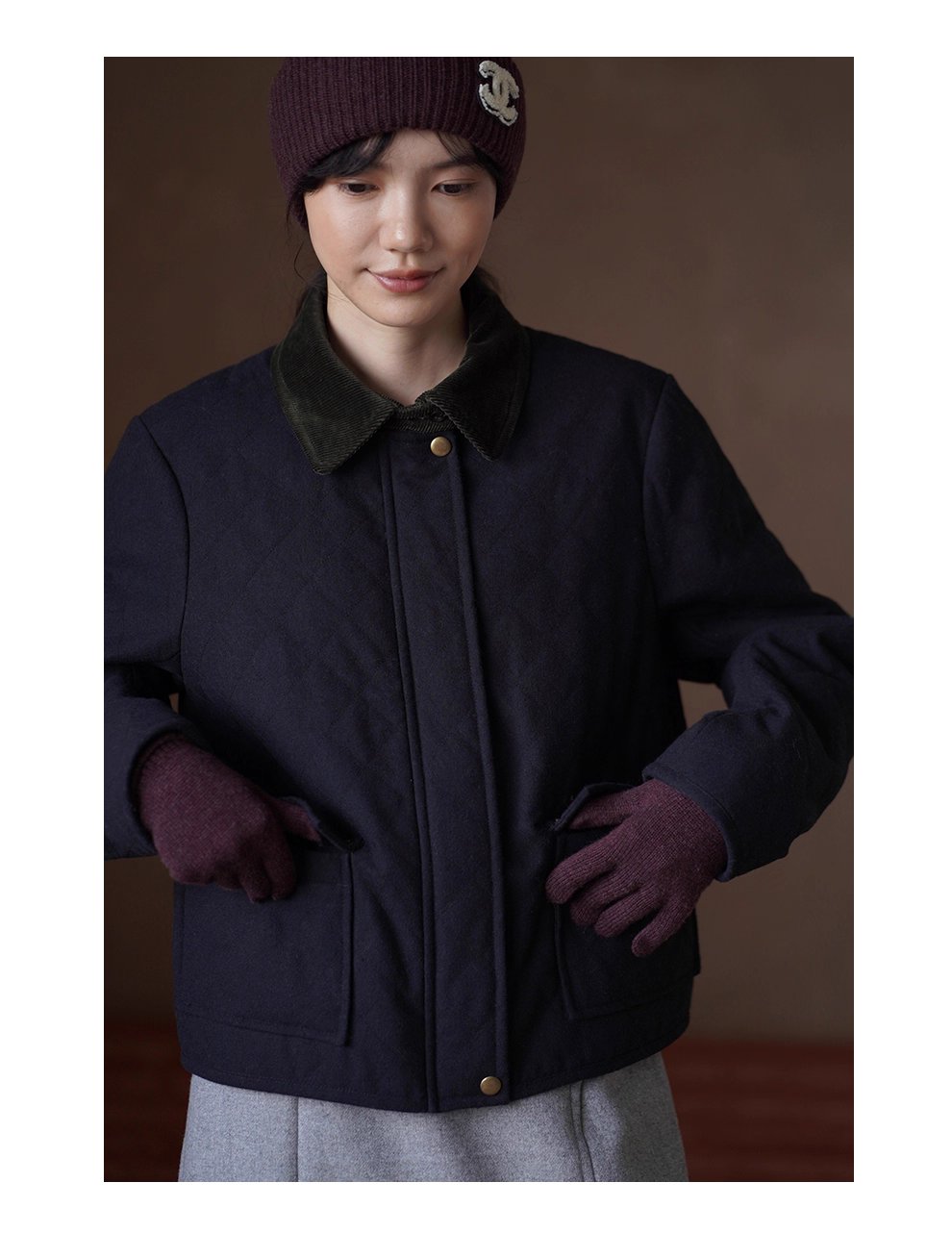 復古英倫配色撞色燈芯絨翻領正肩短款菱形格絎棉外套女