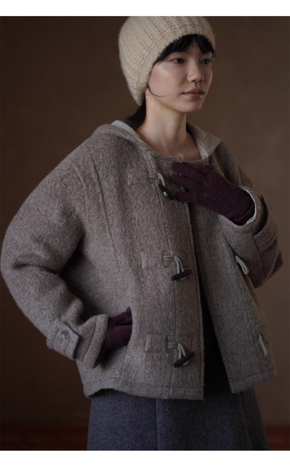 書香學院風外套澳洲進口羊毛駝絨連帽牛角扣短款雙面呢