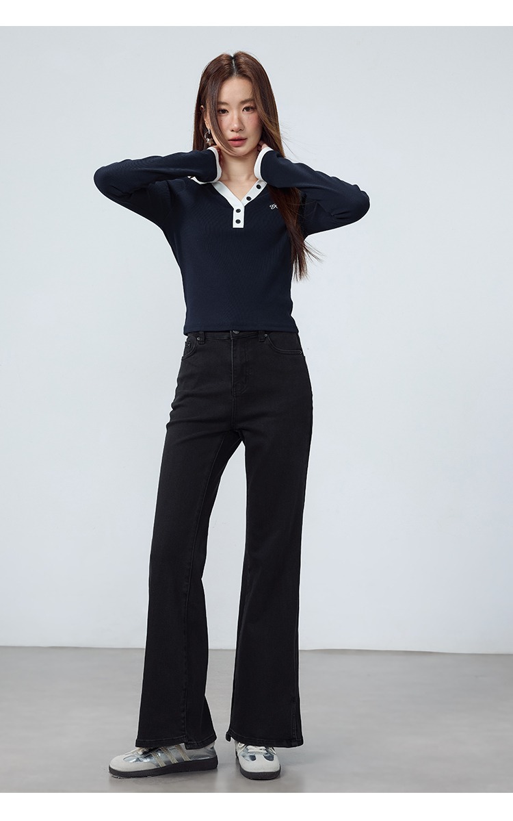 開叉黑色微喇褲牛仔褲顯瘦褲子,開叉黑色微喇褲牛仔褲顯瘦褲子,HBEW3993,開叉黑色微喇褲牛仔褲顯瘦褲子,修身顯瘦,基本百搭