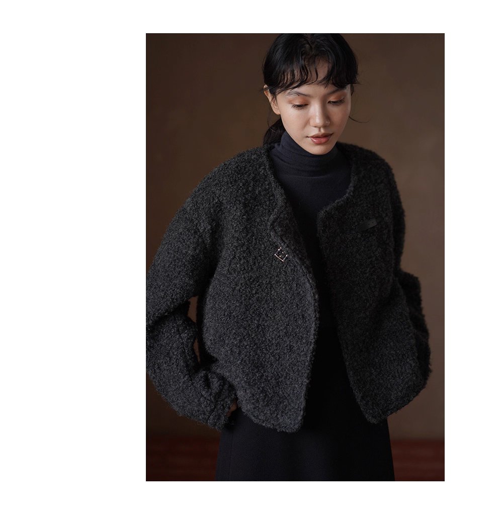 費城外套蓬鬆羊毛圈毛呢料輪廓皮袢圓領通勤顯瘦大衣