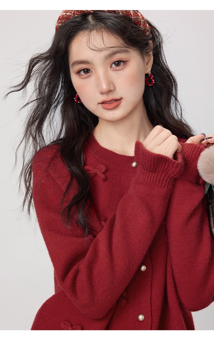 大尺碼胖mm秋冬毛衣開襟外套紅色蝴蝶結針織衫上衣