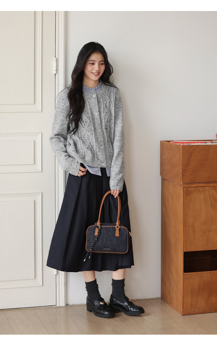 秋冬灰色毛衣開襟衫女拼接格子襯衫假兩件針織衫